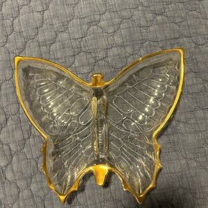 Vintage Glass Butterfly Gold Rimmed Dish - Jewelry or Ashtray